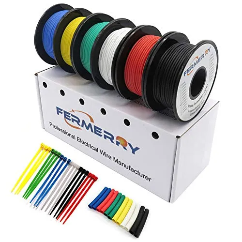Fermerry 22 AWG Litzendraht Silikon Verzinnte Kupferdrahtspule je 15m 50 Fuß 6 Farben Flexibel Gauge Hookup ElektrokabelKit 0.33mm² Kabel Electrical Wire Anschlusskabelsatz 200 C Sortiment Schaltlitze
