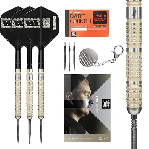 Target Darts Dimitri Van den Bergh Steeldarts 95K Set - 24 g - Erlebe die Präzision der 95K-Dartpfeile, entwickelt mit UK Open Sieger Dimitri Van den Bergh. Mit 95 % Tungsten für optimale Balance und Grip, ideal für Wettkämpfe. Inklusive Swiss DX-Points und K-Flex-System für höchste Stabilität.
