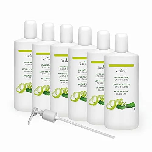 cosiMed Massagelotion Ginkgo-Limette | Bundle 6 x 1L | ergiebig & griffsicher | Made in Germany | inkl. Dosierpumpe