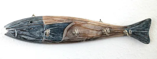 Fisch Garderobe Hakenbrett aus Holz 50 cm Hakenleiste Haken in blau von dekoundmeer