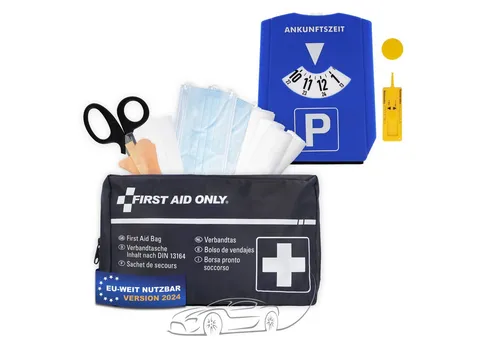 FIRST AID ONLY® KFZ-Verbandtasche Set DIN 13164 inkl. 5-in-1 Parkscheibe, Auto Verbandskasten, (Bundle), Notfalltasche für Auto und Motorrad