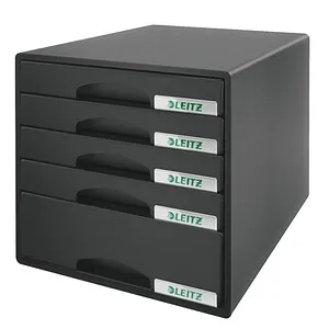 LEITZ Schubladenbox Plus schwarz 52110095 - 5 Schubladen für DIN A4 - Schubladenboxen mit 5 robusten Schubladen für DIN A4 Unterlagen. Ideal für Ordnung am Arbeitsplatz, inklusive Auszugssperre und Beschriftungshalter.