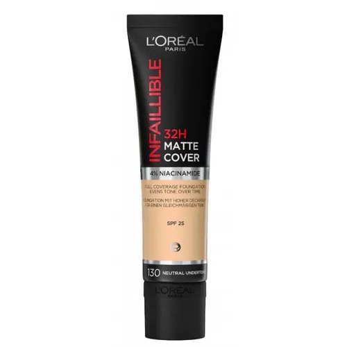 L'Oreal Infaillible 32HR Matte Cover Grundung - 130 Neutral Undertone - Make-up mit 32 Stunden Halt, mattierend und mit Lichtschutzfaktor 25, ideal für alle Hauttypen und perfektes Finish.