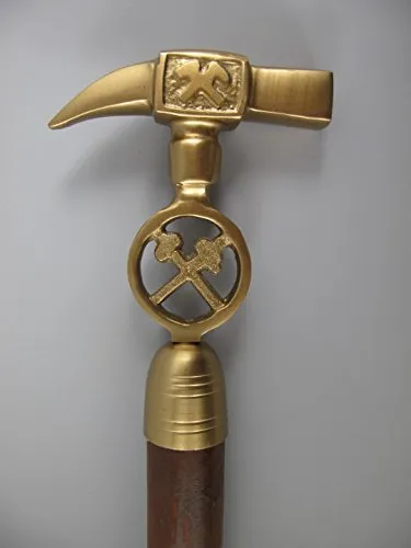 Clever-Deko Gehstock Baum Messing Antik - Look Spazierstock Holz BERGBAU Schlegel Bergmann Steiger klassisch Classic Retro Gehhilfe Wanderstock