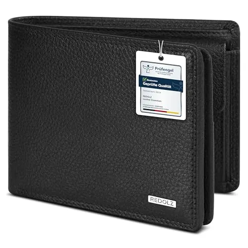 REDOLZ Herren Leder-Geldbörse Querformat mit Klappe | Geldbeutel Brieftasche Portmonee Portemonnaie mit Klappe | RFID-Schutz & 8 Kartenfächer Querformat | Maße 12 x 2 x 9 cm (schwarz)