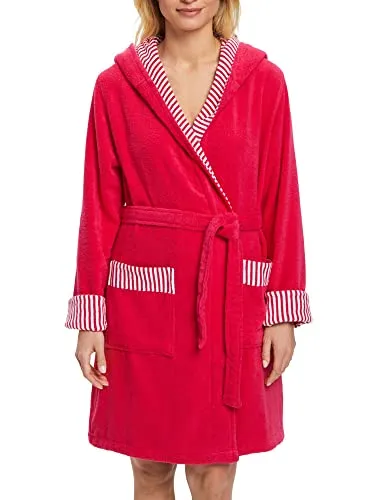 Esprit Damenbademantel Day - Kurzform mit Kapuze - Bademantel aus Microfaser-Webfrottier, ideal für Sauna und Spa, mit gestreiften Akzenten und Logostickerei, bequem und stylisch in Größe XL.
