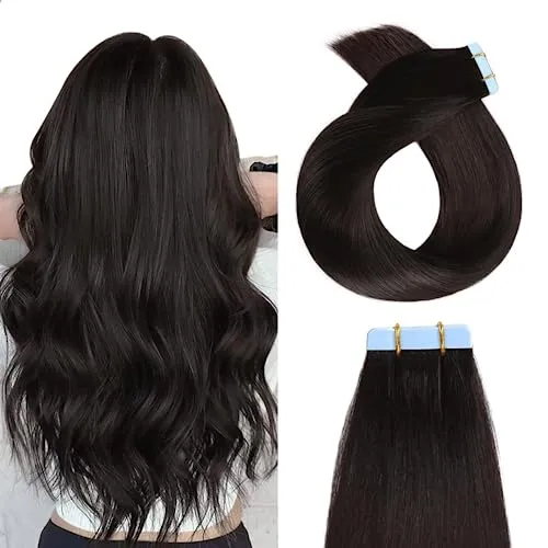 YILITE Tape in Extensions Echthaar 45cm Aus Schwarz Seidig Gerade Nahtlos Haut Schuss Tape Hair Haarextension Echthaar 18 Zoll 50 Gramm 20 Stück Klebeband in Haarverlängerungen(45cm # 1b aus Schwarz)