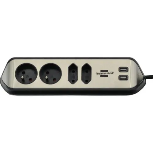 Brennenstuhl® Estilo Steckdosenleiste mit 4 Steckdosen - Steckdosen & Zubehör - elegante Tischsteckdose mit hochwertiger Edelstahloberfläche, 2 USB-Ladeanschlüssen für Schnellladung und flexibler Montageoption ohne Bohren.