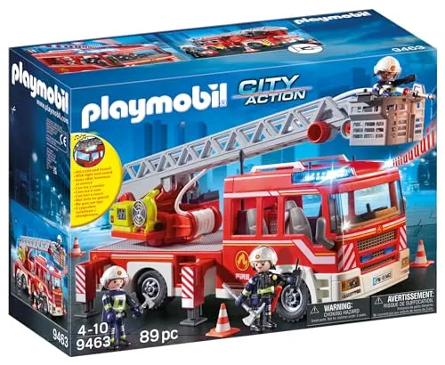 PLAYMOBIL City Action 9463 Feuerwehr-Leiterfahrzeug - Spielfigur Spielsets: Mit Licht- und Soundeffekten für realistischen Spielspaß, ideal für kleine Feuerwehrmänner ab 5 Jahren. Enthält 89 Teile, darunter 3 Figuren und ein abnehmbares Dach.