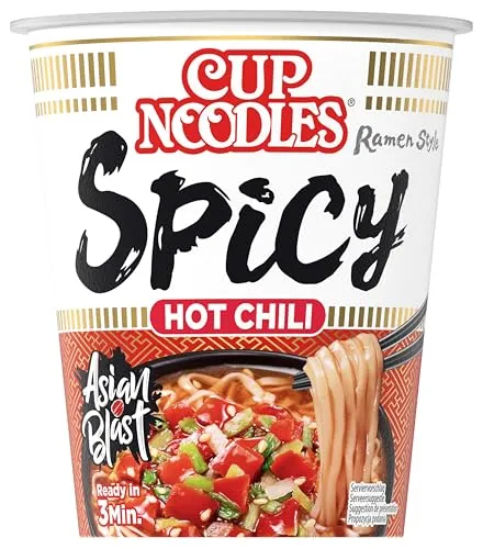 Nissin Cup Noodles – Spicy, Einzelpack, Soup Style Instant-Nudeln japanischer Art, mit Chilis, geröstetem Sesam & Gemüse, schnell im Becher zubereitet, asiatisches Essen (1 x 66 g)