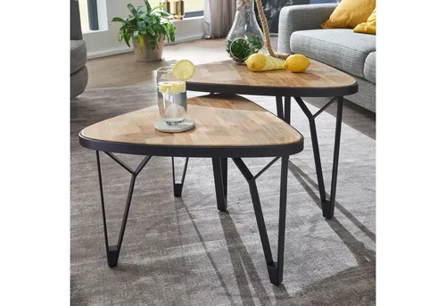 FineBuy Couchtisch Massivholz Metall 2er Set - Tische & Stehtische: Handgefertigtes 2er Set aus Massivholz, modern und platzsparend ineinander schiebbar, ideal für jedes Wohnzimmer.