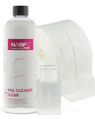 NAILS FACTORY | N&BF Nagel Cleaner Set 1000ml + Dispenser Pumpflasche + 1000 Zelletten Cellulose Pads (2 Rollen à 500 Stück) - 70% Isopropanol-Alkohol isopropylalkohol 1L – für Gelnägel – (Weiss 150)