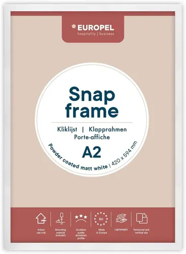 Klapprahmen Europel A2 25mm matt Weiß 355075 - Hochwertiger Bilderrahmen mit Easy-Click-System für schnelle Präsentation, aus eloxiertem Aluminium und mit Antireflexfolie zum Schutz Ihrer Poster.
