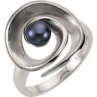 Eleganter Zeeme Pearls Ring mit schwarzer Perle aus Silber 925 - Ringe: Stilvoller Damen-Ring aus rhodiniertem 925 Sterling Silber, verziert mit einer einzigartigen schwarzen Perle für einen edlen Look.