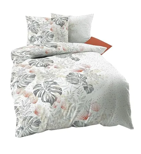 JACK by Kaeppel Edel Seersucker Bettwäsche 2 TLG. - Fensterblatt Grau Weiß Sand Orange - Bettwäsche-Sets aus 100% reiner Baumwolle, atmungsaktiv und bügelfrei, hochwertiger Seersucker mit chicem Design und hervorragender Verarbeitung.