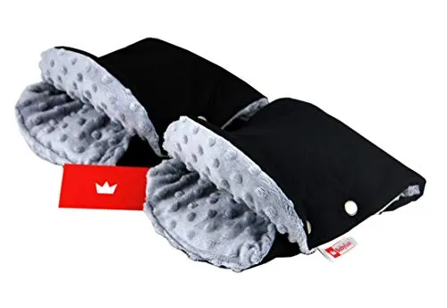 BABYLUX MUFF Handmuff PLÜSCH Handwärmer für Kinderwagen Buggy Handschuh 2 Stück (3. Schwarz + Minky Grau)