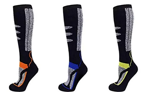 PistenSauser 3 Paar Thermo Kinder Skisocken, Ski Kniestrümpfe mit gepolsterten Funktionsbereichen und zusätzlicher Garantie (Orange/Blau/Gelb, 31-34)