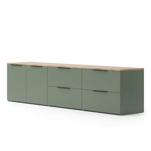 Vicco Wohnwand Wido, Grün/Sonoma, 3-teilig - Moderne Wohnwand mit 3 Kommodenschränken für stilvollen Stauraum. Ideal für Ihre Unterhaltungselektronik und zur Präsentation Ihrer Lieblingsstücke. Individuell kombinierbar und platzsparend.