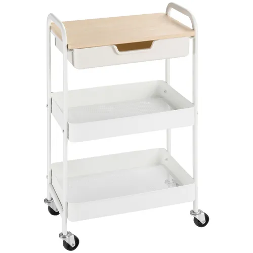 HOMCOM Rollwagen mit 3 Ebenen - Küchen Aufbewahrungswagen mit 2 Regalen, einer Schublade und 360° drehbaren Rollen für einfache Mobilität und Organisation in Küche, Bad oder Büro.