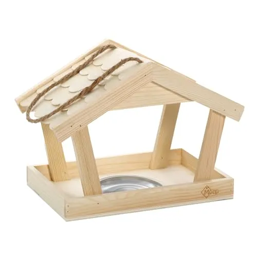 Vogelhaus aus Holz, Futterhaus für Vögel hängend mit Napf oder Tränke für Garten, Terrasse oder Balkon, Vogelfutterhaus