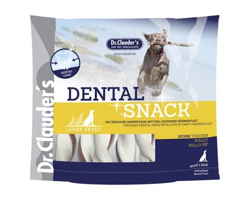 Dr. Clauder's Dental Snack Large Breed Huhn 500 g für Hunde - Leckerbissen für große Hunde zur Förderung der Zahnreinigung. Mit bissfester Rinderhaut und schmackhaftem Hühnerfilet. Ideal für die tägliche Belohnung und Pflege.