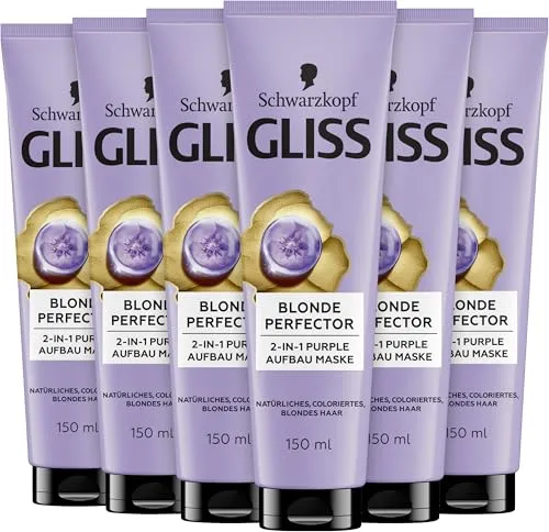 Gliss Blonde Perfector 2-in-1 Purple Aufbau Haarmaske (6x 150 ml), Haarkur für natürliches, coloriertes & gesträhntes blondes Haar sorgt für Glanz & Pflege, mit Anti-Gelbstich-Effekt