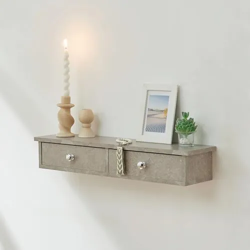[en.casa] Wandregal Geeste - Elegantes hängendes Nachttischregal mit 2 Schubladen - Schweberegal in Betonoptik, bietet stilvollen Stauraum und ist schnell montiert – ideal für Flur, Bad oder Schlafzimmer.