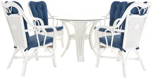 Set/5 Sitzgruppe Wintergarten-Set Natur Rattan-Garnitur für 4 Personen (Weiß) - Sofas & Sessel – Stilvolle Rattanset im Kolonialstil mit abnehmbaren Sitzkissen, ideal für Wohnzimmer und Wintergarten.