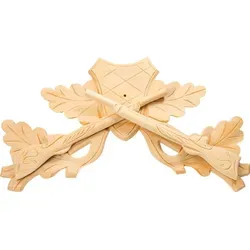 Selva Technik Wanduhr Kopfstück für Kuckucksuhren - Wanduhren Zubehör, handgeschnitztes Kopfstück aus rohem Holz, einzigartiges Design mit Eichenlaub und Gewehren – jedes Stück ein Unikat.