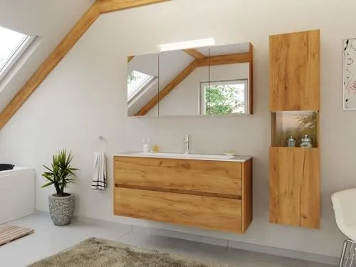 Magnolia Home Badmöbel Set Taifun 3tlg. 120 cm - Eiche Gold - Elegantes 3-teiliges Badmöbel Set mit Spiegelschrank und Hochschrank in edlem Eiche Gold Design. Ideal für stilvolle Badezimmergestaltung.