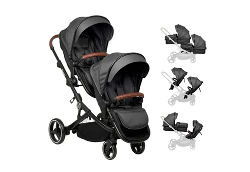 babyGO Geschwisterwagen Twinner Grey - Multifunktions-Geschwisterwagen für Zwillingsfamilien, extrem wendig und platzsparend zusammenfaltbar