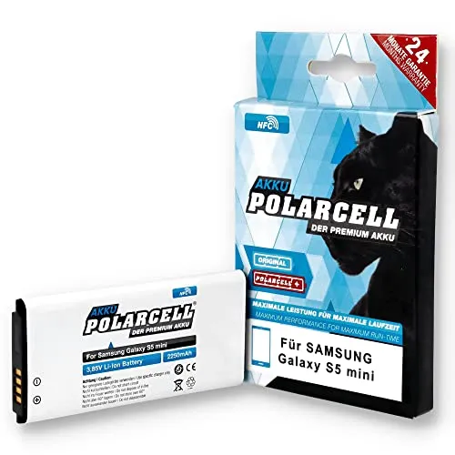 PolarCell NFC Akku für Samsung Galaxy S5 Mini SM-G800F | DuoS SM-G800H | ersetzt Original-Batterie EB-BG800BBE | 2250mAh starker Ersatz-Akku | selektierte A+ Qualitätszellen | EB-BG800BBC
