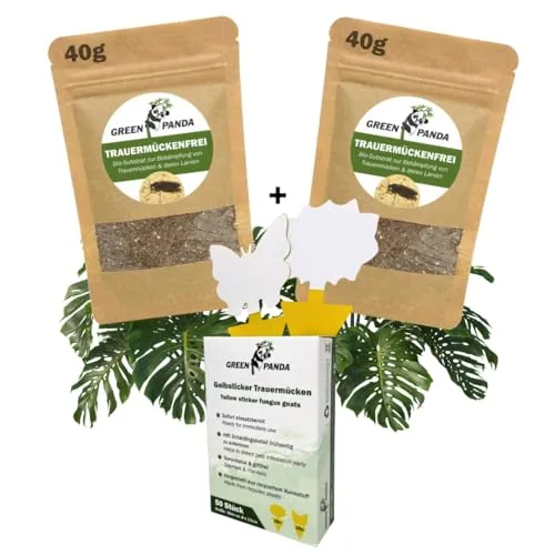 GreenPanda Bio Trauermückenfrei - Effektiv Larven in Erde & Trauermücken bekämpfen - 2in1 Mittel gegen Trauermücken - 2x 40g Anti-Larven Pulversubstrat + 30 Gelbsticker (Set-3tlg.)