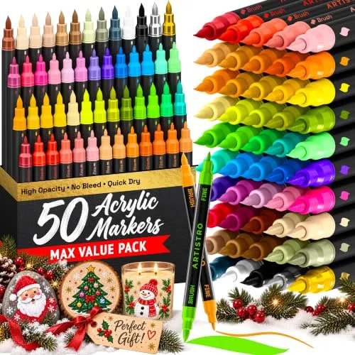 ARTISTRO 50 Acrylstifte Dual-Tip für kreative Projekte auf Stoff, Stein, Holz & Glas