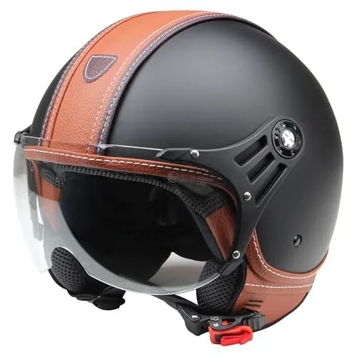 Motorradhelm Jethelm Rollerhelm CMX Hazel Größe M matt schwarz mit braunem Leder und klarem Visier