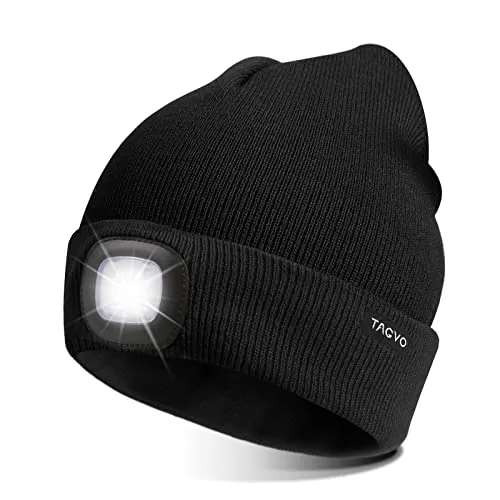 TAGVO USB Nachladbare LED Mütze-Kappe, Beleuchtung und blinkende Warnungs-Arten 8 LED, einfache Installation Schnellverwendbare Scheinwerfer-Mütze, Unisex-Winterwärmer-Strickkappe - Schwarz/Grau