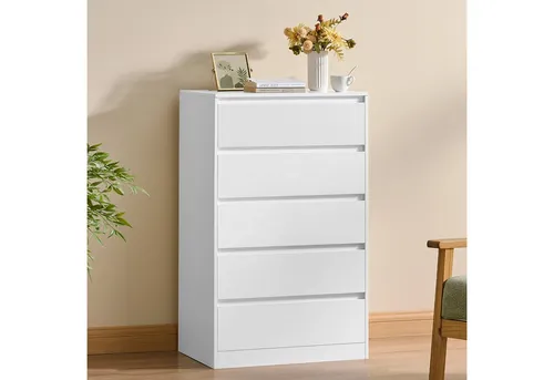 VASAGLE KAILYN Kommode mit 5 Schubladen – Modernes Design in Weiß - Elegante Kommode mit 5 geräumigen Schubladen für optimale Organisation. Perfekt für Schlafzimmer, Wohnzimmer oder Büro. Hochwertige Materialien und durchdachte Details sorgen für Langlebigkeit und Sicherheit.