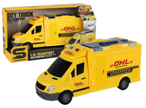 LeanToys Lieferwagen 1:16 mit Friktionsantrieb, öffnenden Türen, Licht und Geräuschen, gelb