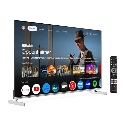 Strong SRT55UF8733 55 Zoll 4K SMART TV - Fernseher mit beeindruckender 4K Auflösung, ideal für Streaming von Netflix und Prime Video, und einem modernen Metall-Silber Design.