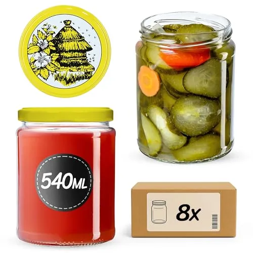 KADAX Konservengläser 540 ml, 8er Set, Rundgläser mit Schraubdeckel Motiv „Bienenstock“ – Einmachgläser zum Einlegen, Einkochen oder Aufbewahren von Marmelade, Obst und Gemüse