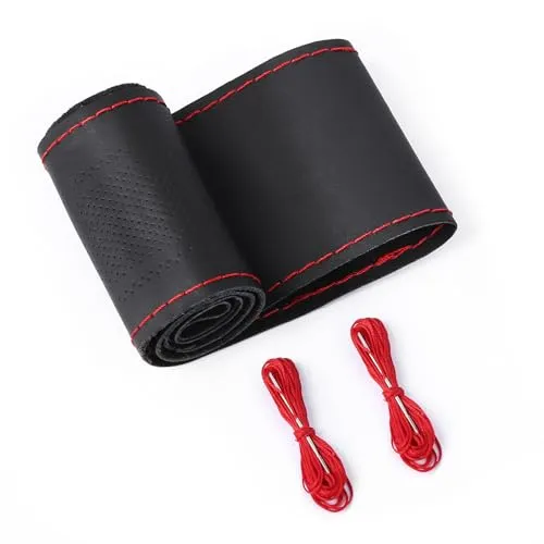 ZATOOTO DIY Lenkradbezug Leder, Auto Lenkradhülle mit Nadel und Faden, Rutschfest und Weich, Universalgröße 37-38cm, Rot