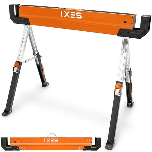 IXES höhenverstellbarer Arbeitsbock | Profi Sägebock mit 600 kg Traglast - Gerüste für ergonomisches Arbeiten: Hochwertiger Stahl, leicht transportierbar, perfekt für unebene Untergründe mit individuell einstellbaren Beinen.