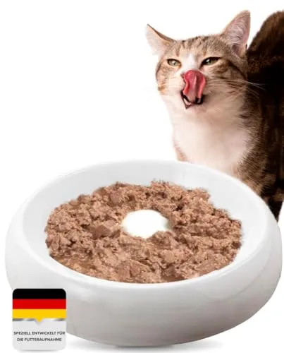 Produktbild Lucky-Kitty Katzennapf Keramik XL I Spülmaschinenfester Futternapf für Katzen I Spezielle Innenfläche erleichtert das Fressen I Keramik Napf für Katzen, alle Rassen & Alter I Katzennapf weiß, ø 27cm