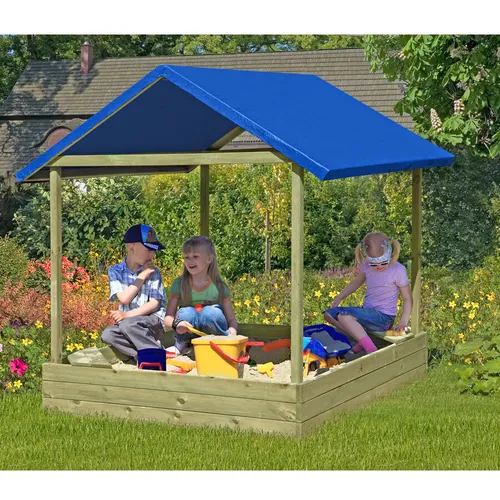 Sandkasten mit Dach TÜV geprüft Modell Sophie 153 x 153 cm - Sandkasten aus Holz mit schützendem Dach, ideal für Kinder von 3-16 Jahren, sorgt für stundenlangen Spielspaß und Sicherheit im Freien.