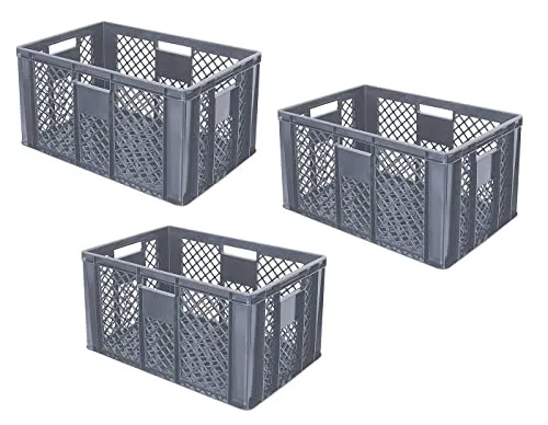 BRB 3x Eurobehälter durchbrochen - Industriequalität - Robuste Stapelbehälter aus PE-HD, beständig gegen Chemikalien, hitzebeständig bis +60°C und kältebeständig bis -40°C, ideal für Materialtransport und Lagerung.