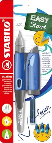 STABILO - Ergonomischer Schulfüller für Linkshänder mit Anfänger-Feder A - EASYbirdy Pastel blau/hellblau - inkl. Patrone und Einstellwerkzeug - blau (löschbar)