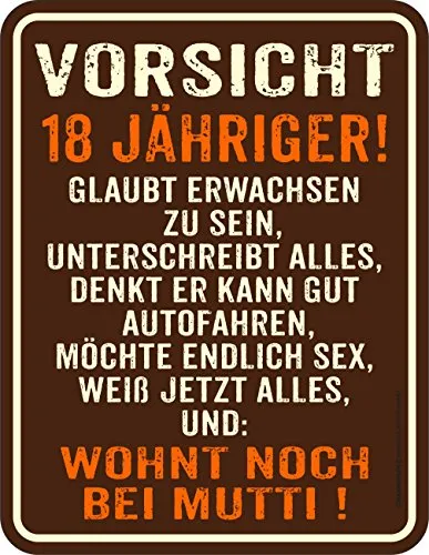 RAHMENLOS Original Blechschild zum 18. Geburtstag: Vorsicht 18jähriger! Glaubt erwachsen zu Sein Denkt er kann gut Autofahren Möchte endlich Sex Wohnt noch bei Mutti