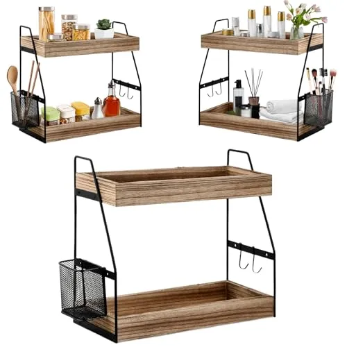 Tier Gewürzregal Stehend, 35,5x17x33cm, Küchenregal Arbeitsplatte, Gewürzregal Holz Ohne Bohren mit Hängekorb und 2 Haken, Regal Badezimmer, Gewürz Organizer Schwerlastregal Esszimmer Schminktisch 2