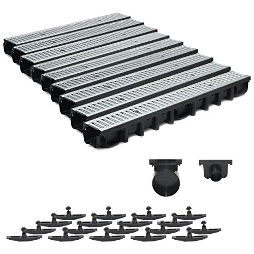 9m Entwässerungsrinne Terrassenrinne Stahlrost verzinkt komplett SET, System A15 98mm