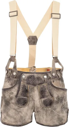 Maddox Lederhose STRINBERG - Kurze Damenlederhose im Farbton Stein, bequem und mit effektvollen Stickereien. Die 100 % Ziegenleder sorgt für hervorragenden Tragekomfort und eine perfekte Passform – ideal für jedes Volksfest.